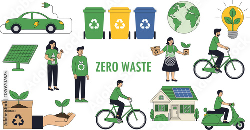 Zero Waste sustainable lifestyle vector set featuring electric car solar panels recycling bins characters cycling and renewable energy icons.