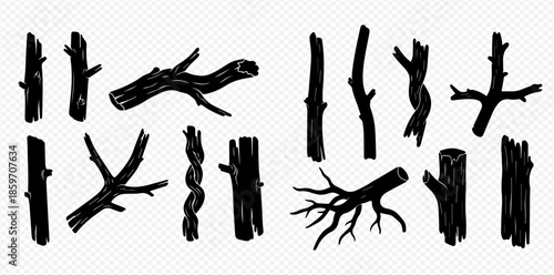 Set of black silhouettes of tree branches, logs, and snags, isolated on a transparent background.