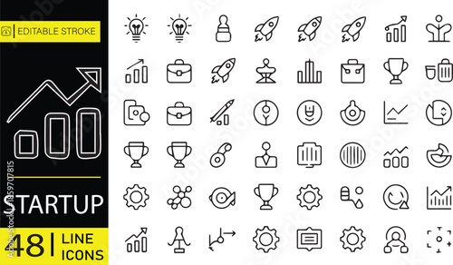 A collection of 40 editable stroke line icons. These icons are organized in a grid format, with each icon representing different concepts related to startups and business