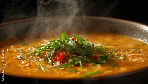 Delicious Soup With Herbs and Spices Served in a Bowl on a Dark Surface