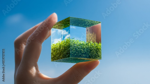 Wallpaper Mural Hand holding a transparent cube filled with green grass reflecting a bright blue sky symbolizing environmental protection and sustainability concepts Torontodigital.ca