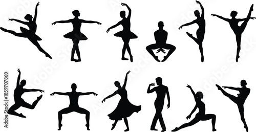 Silhouette Collection of Ballet Dancers Performing Various Classic Poses and Graceful Movements for Professional Dance Studio Literature and Artistic Design