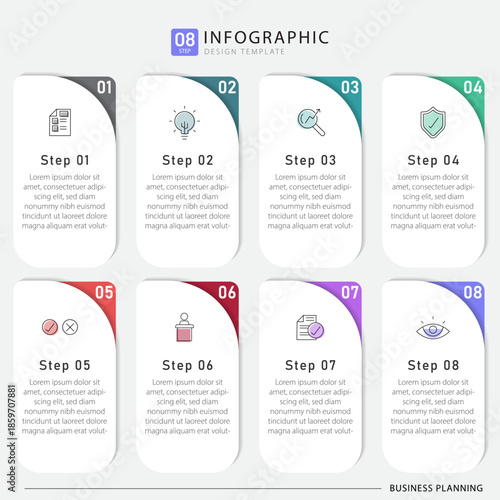 Timeline Creator infographic template. 8 Step timeline journey, calendar Flat simple infographics design template. presentation graph. Business concept with 8 options, gantt vector illustration.