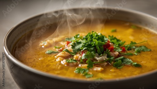 Warm Bowl of Soup With Herbs and Spices Placed on a Table in a Cozy Kitchen S...