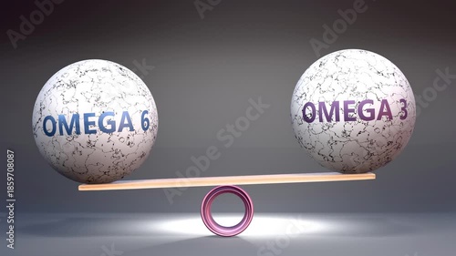 Omega 6 and omega 3 in balance - balancing stones on a scale symbolizing harmony, equity and equilibrium between omega 6 and omega 3. Harmonious and beneficial situation.