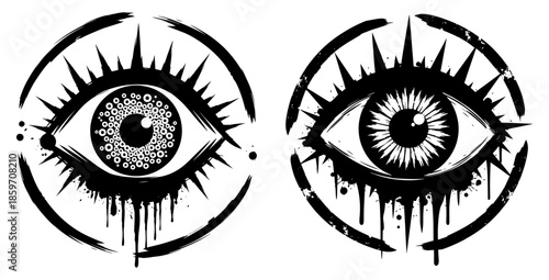 Two stylized, grunge, black and white mystic eyes with spiky lashes inside circular frames, isolated on