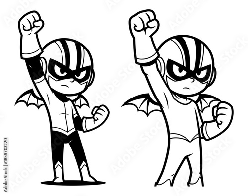 Two cartoon superhero characters with bat wings in a powerful fist raised pose, isolated on