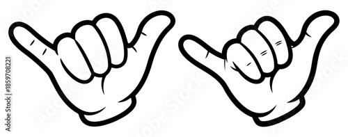Two cartoon hands making the shaka sign or hang loose gesture, isolated on