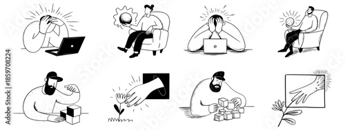 Set of black and white line icons illustrating stress, problem solving, growth, therapy, and mental health concept