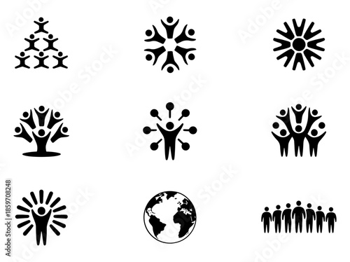 Collection of black and white silhouette icons representing teamwork, community, global connection, success, and human resource concepts isolated on