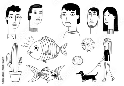 Collection of quirky hand drawn black and white doodle elements featuring people, fish, cactus, dog, and small animal isolated on