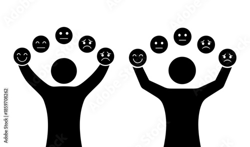 Two silhouette figures juggling various emotion faces representing mood management and emotional intelligence isolated on