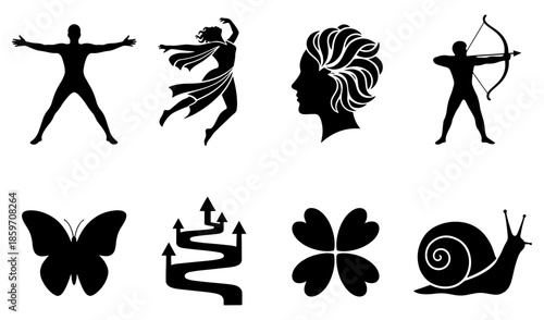 Collection of eight black silhouette icons representing human figure, dance, face, archer, butterfly, path, clover, and snail isolated on