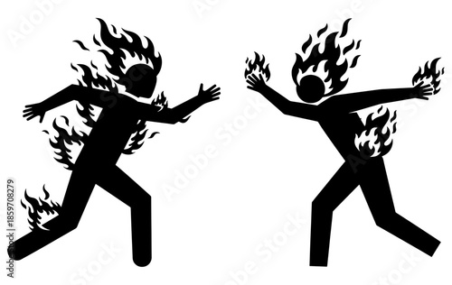Two silhouette figures on fire running towards each other in conflict or confrontation isolated on
