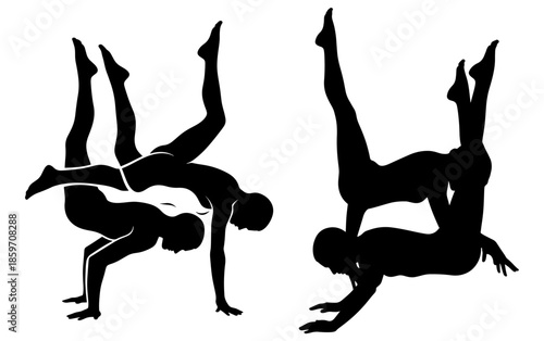Silhouette of two acrobatic partner work figures performing complex balancing poses isolated on