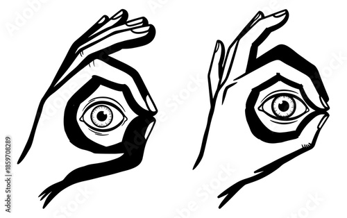 Two hands forming an ok gesture around an eye, symbolizing vision, perception, and observation, isolated on