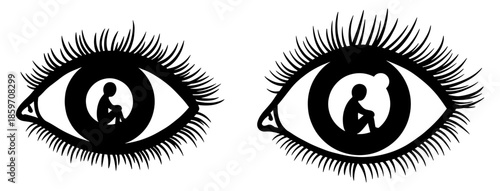 Black and white graphic illustration of two eyes with a small silhouette of a person sitting inside the pupil, isolated on