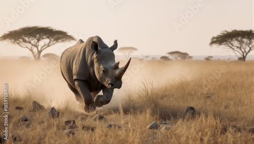 Powerful Black Rhinoceros Galloping Across Dusty African Savanna at Sunset.