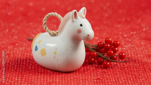 Ceramic Horse Planter With Berries on a Red Woven Fabric Background