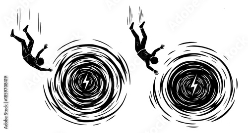 Two stylized black and white illustrations of human figures falling into swirling black vortexes with lightning bolt symbol, isolated on