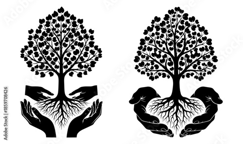 Set of two black and white graphic icons depicting hands carefully holding and protecting a growing tree with visible roots, isolated on