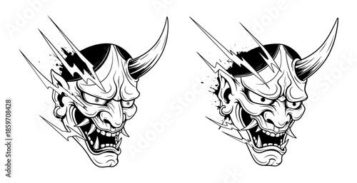 Two black and white japanese hannya or oni demon mask illustrations with lightning effect, isolated on