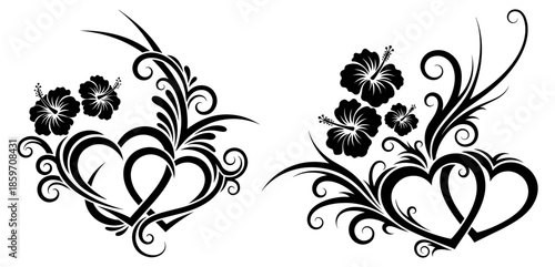 Two black tribal style heart designs with hibiscus flower and swirl ornament isolated on