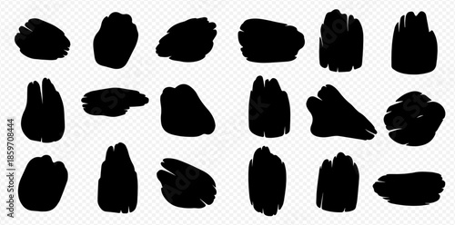 Set of abstract black ink brush strokes and grunge stains on transparent background.