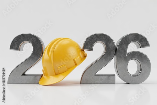 Yellow construction hard hat rests against large metallic numbers representing the year 2026 isolated on white.