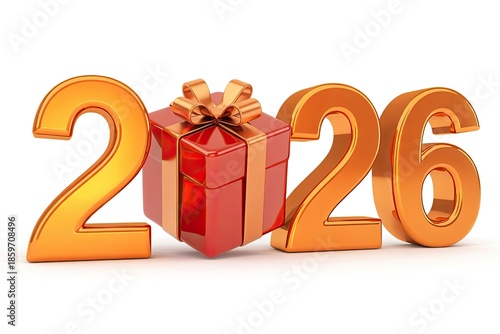The year 2026 is represented by metallic numbers with a wrapped gift isolated on a white background.