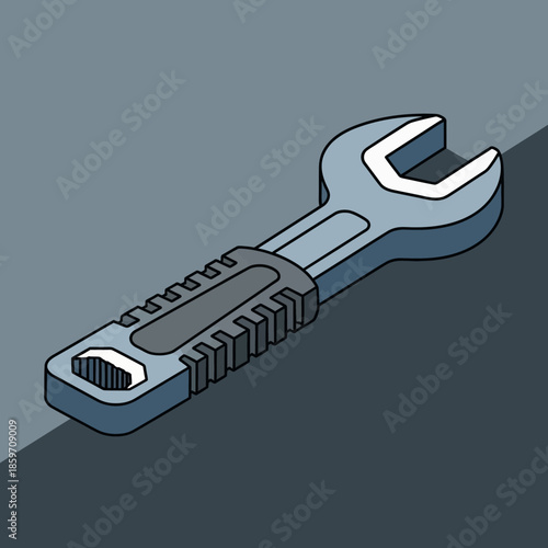 Isometric illustration of a grey and blue open-end wrench with a textured handle, symbolizing repair and maintenance.
