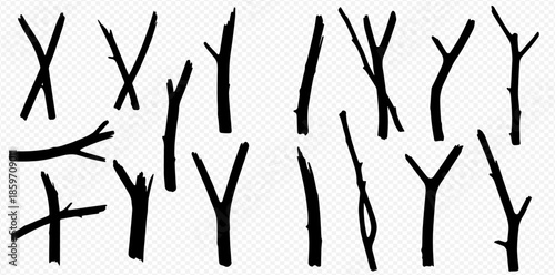 Set of various black silhouettes of tree branches and twigs on a white background.