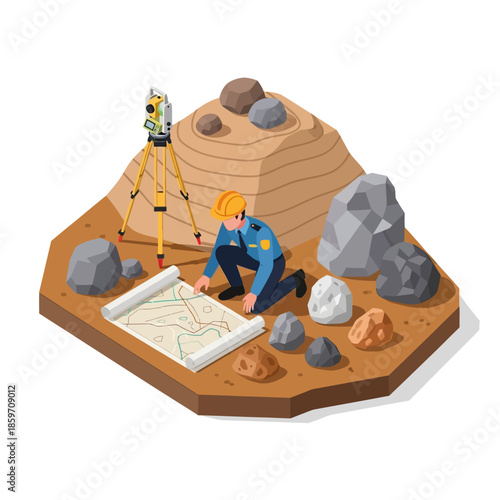 A person surveying land with a theodolite and examining geological maps and various rocks.