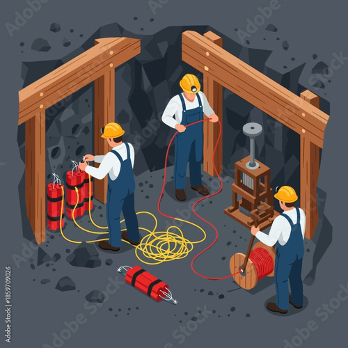 Three miners preparing to blast dynamite in a dark mine shaft with wooden supports, using a detonator machine.