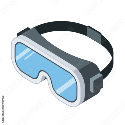 Isometric illustration of virtual reality goggles with blue lenses and a black strap, representing immersive digital experiences.