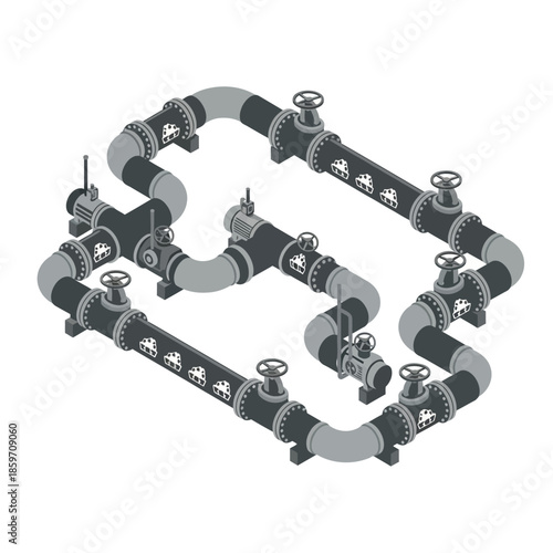 Detailed isometric illustration of a complex industrial pipeline system with multiple valves and gauges.