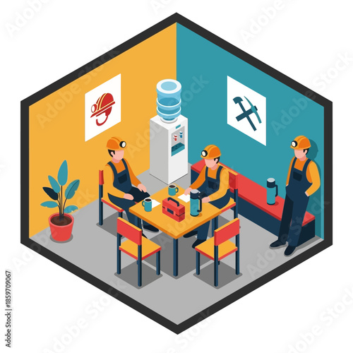 Isometric illustration of miners taking a break in a colorful room with a water cooler and lunchboxes.