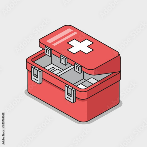 Isometric illustration of an open red first aid kit with a white cross symbol on the lid, showing empty compartments inside.