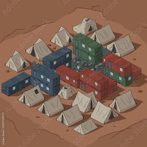 Isometric illustration of a temporary camp featuring numerous canvas tents and stacked shipping containers on barren, reddish-brown ground.