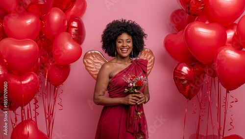 Woman With Heart Balloons and Flowers Celebrates Love Event in Studio Setting