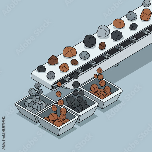 Isometric illustration of a conveyor belt sorting various colored rocks into separate collection bins.
