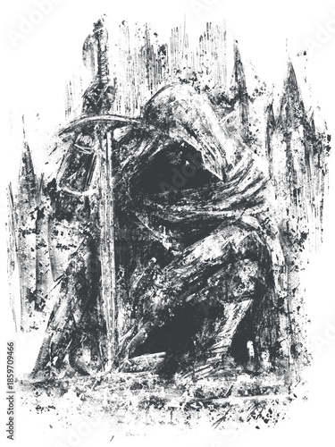 Black and white grunge illustration of a medieval knight kneeling with a sword. Abstract ink texture, rough brush strokes, and dramatic silhouette symbolizing duty, honor, and vigilance.