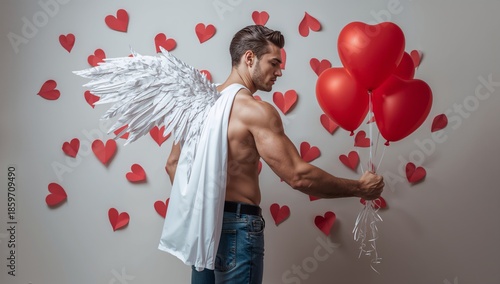Man With Wings and Balloons Poses for a Studio Shot During a Themed Photoshoot