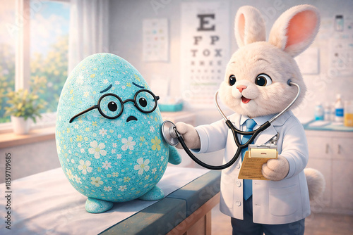 Cute 3D illustration of a bunny doctor examining an Easter egg patient with a stethoscope in a bright medical office