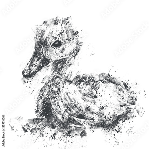 Abstract black-and-white grunge illustration of a duck, created with expressive brush strokes and ink splatter textures, isolated on a transparent background