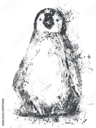 Abstract black-and-white grunge illustration of a penguin, created with rough brush strokes and ink splatter textures, isolated on a transparent background