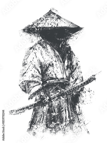 Monochrome ink illustration of a samurai warrior with a sword, wearing traditional robe and hat. Abstract grunge brush strokes create a dramatic, powerful and minimalist composition.