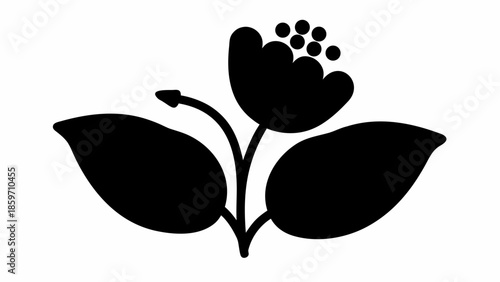 A minimalist black silhouette illustration of a flowering plant with two leaves and a distinct bud or pollen structure.