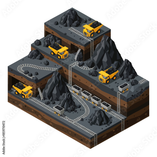 Isometric view of a multi-level coal mine with dump trucks, mining carts, and tracks.