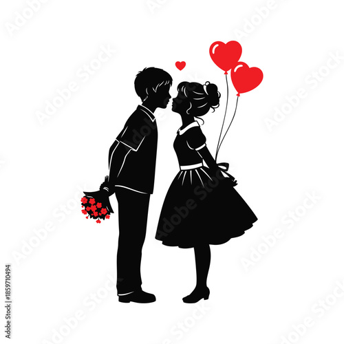 Valentine's Day couple love Silhouette, boy holding flowers and a girl holding heart balloons about to kiss. 